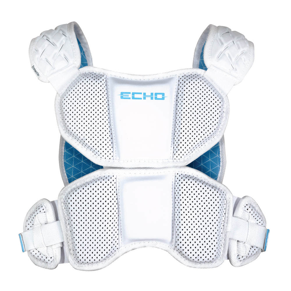 Back view of ECD Echo lacrosse shoulder pads showing low-profile spine protection and mobility design