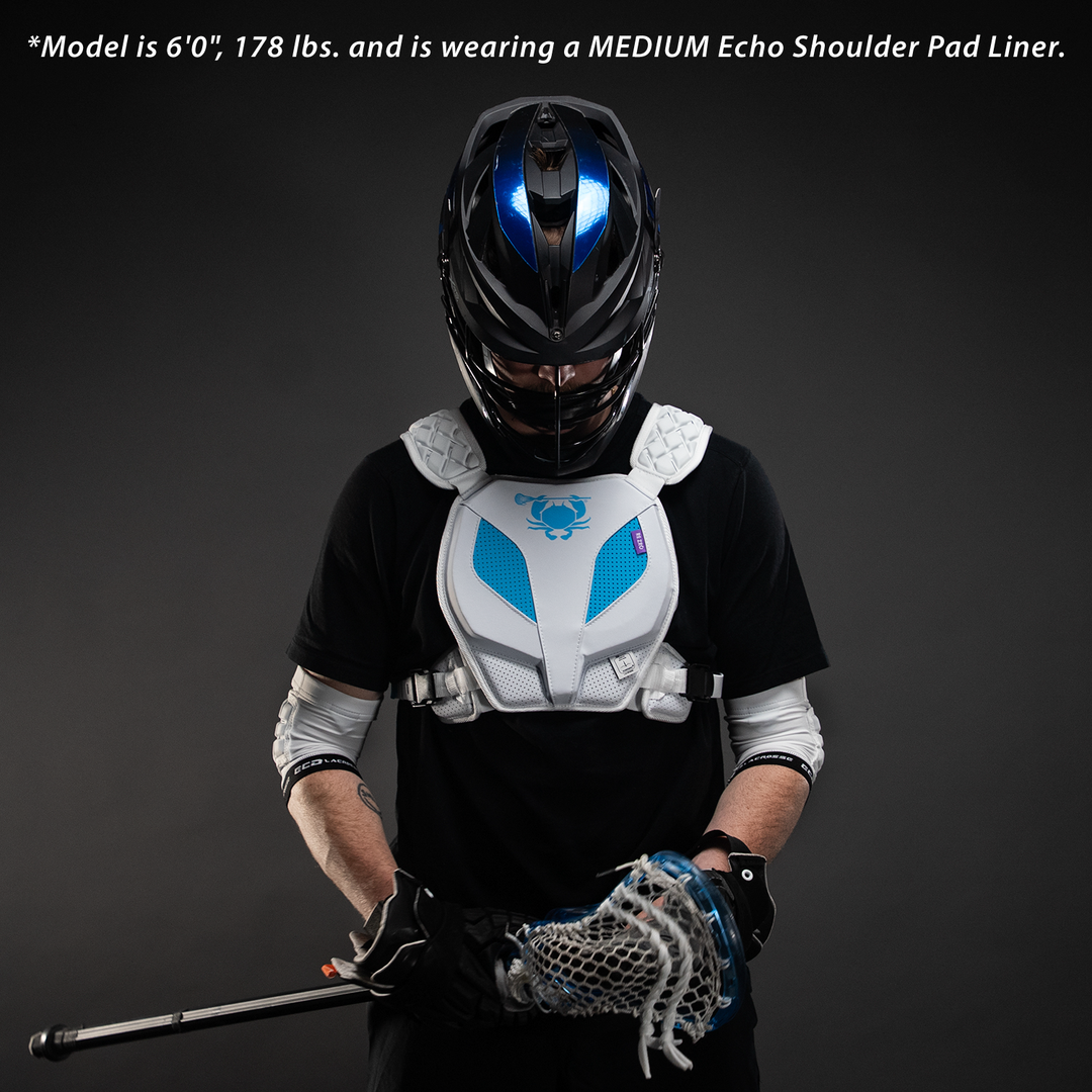 ECD Lacrosse Echo shoulder pads on player view lightweight NOCSAE certified lacrosse protective gear