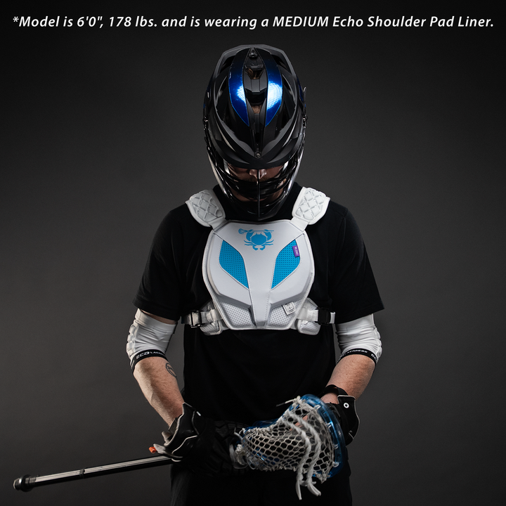 ECD Lacrosse Echo shoulder pads on player view lightweight NOCSAE certified lacrosse protective gear