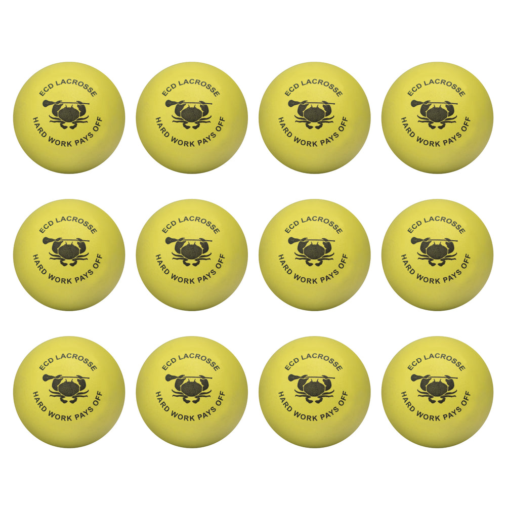 ECD Lacrosse Soft Practice lacrosse ball featuring a 12 pack of balls in Hyper light yellow, front view 