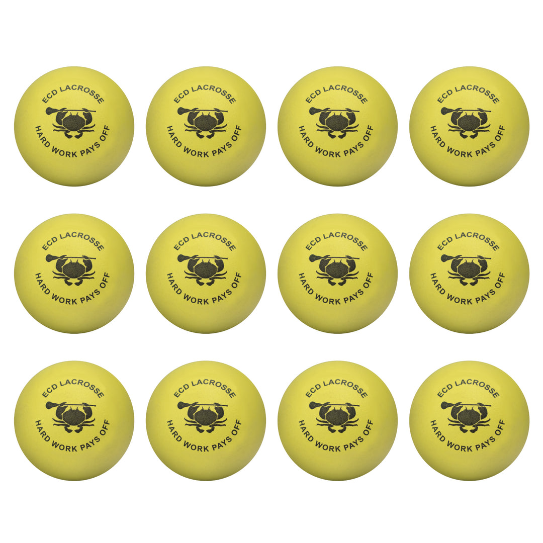 ECD Lacrosse Soft Practice lacrosse ball featuring a 12 pack of balls in Hyper light yellow, front view 