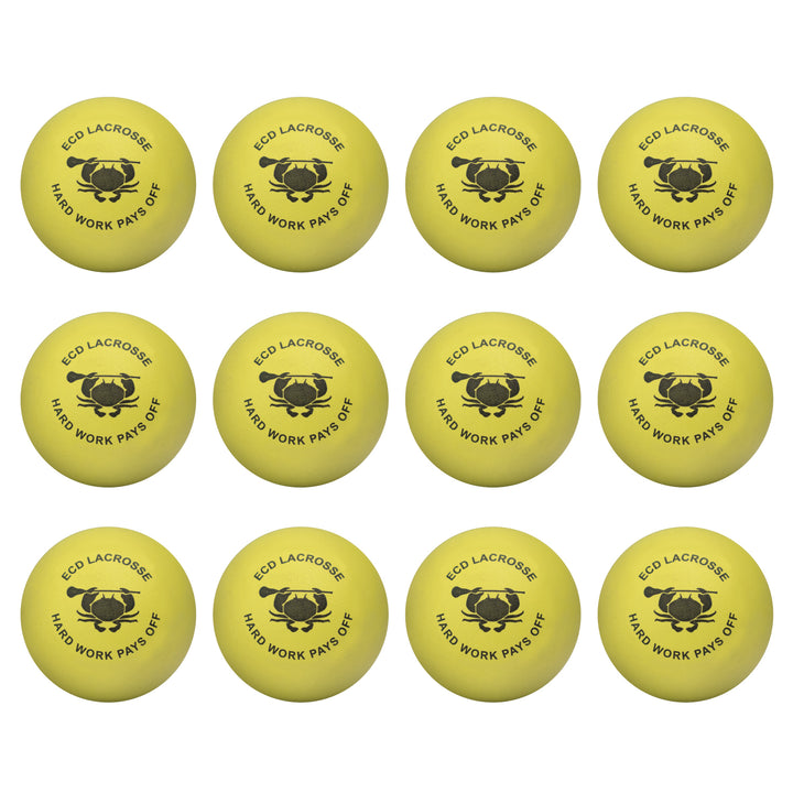 ECD Lacrosse Soft Practice lacrosse ball featuring a 12 pack of balls in Hyper light yellow, front view 