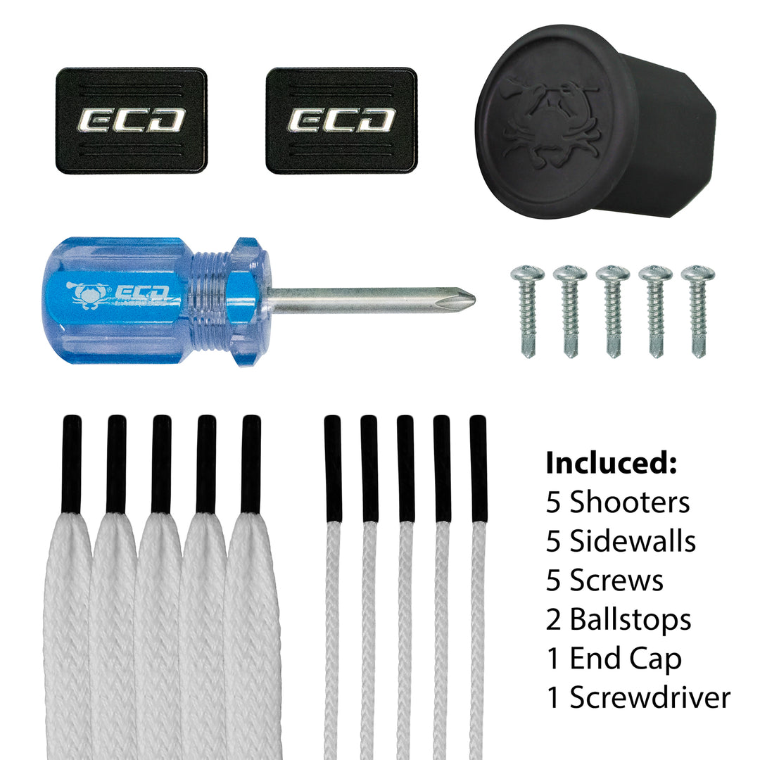 ECD Lacrosse ECD Stick Repair Kit featuring end cap ball stops screw driver strings screws, top view